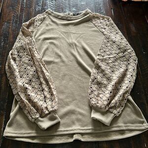 Long Sleeve Top Olive Lace Zip Back Waffle Green (251)